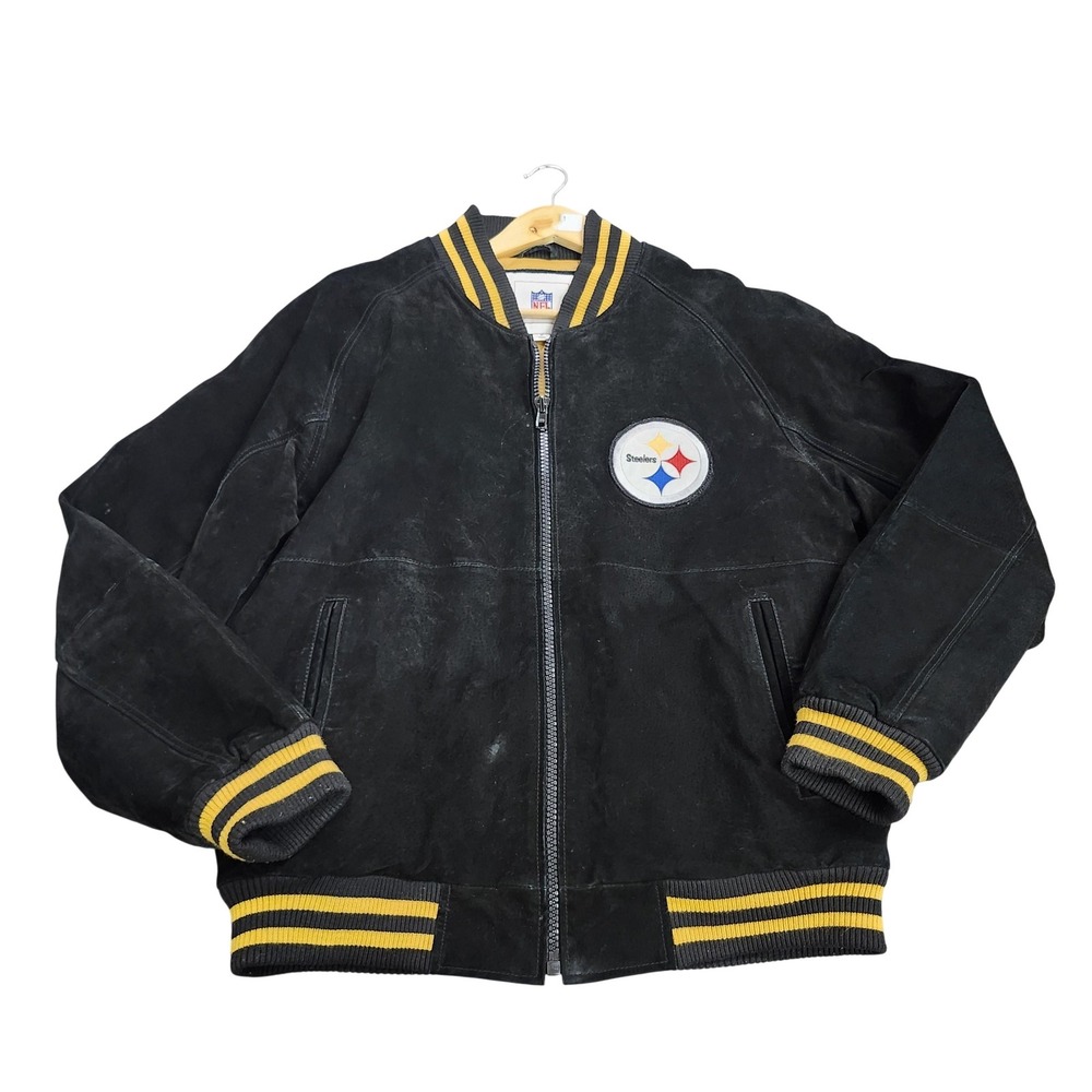 Pittsburgh Steelers Jacket Mens Medium Black NFL Football Suede Bomber NFL